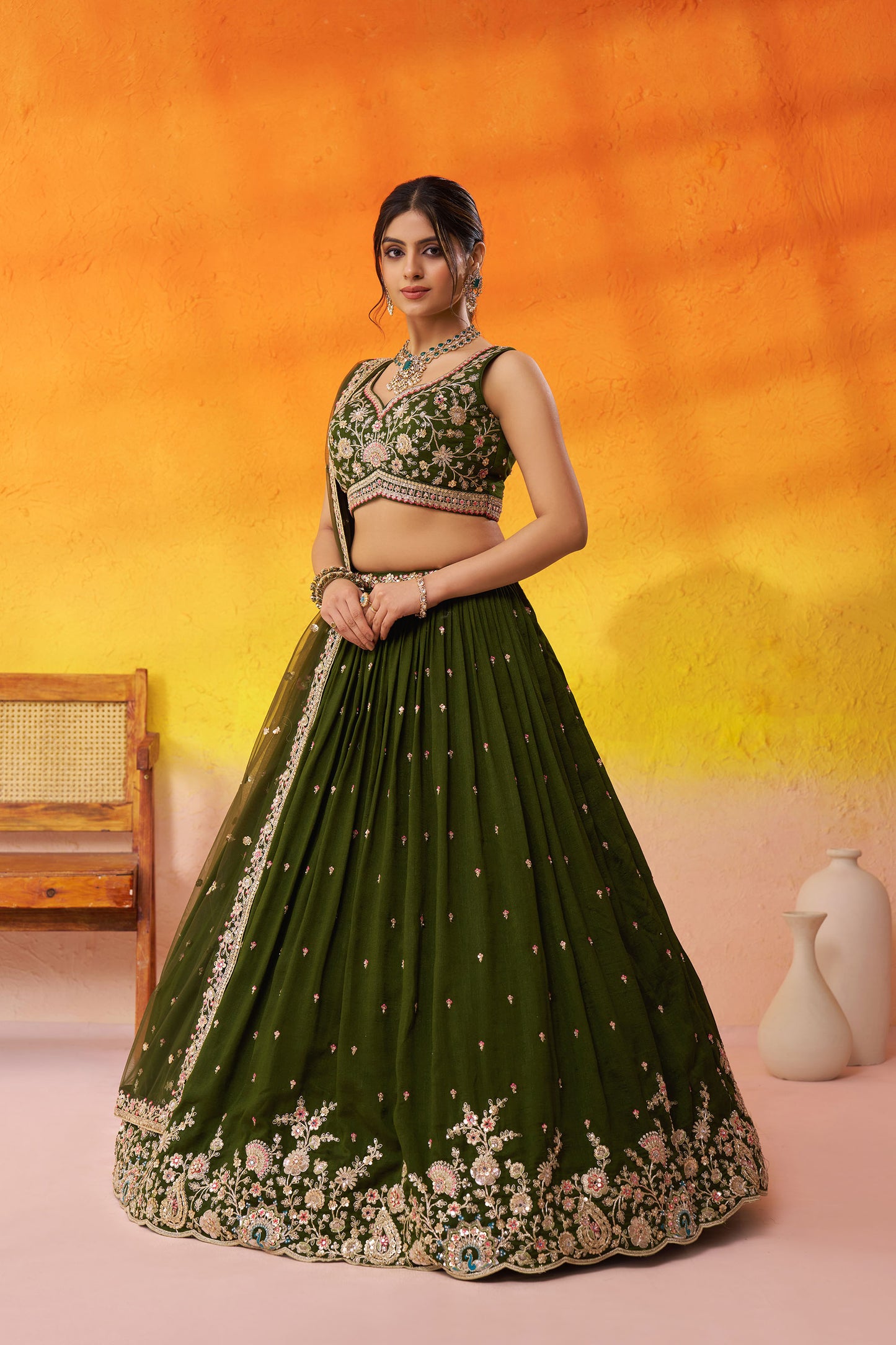 Olive Green Georgette Sequins,Thread & Embroidery Mehendi Lehenga