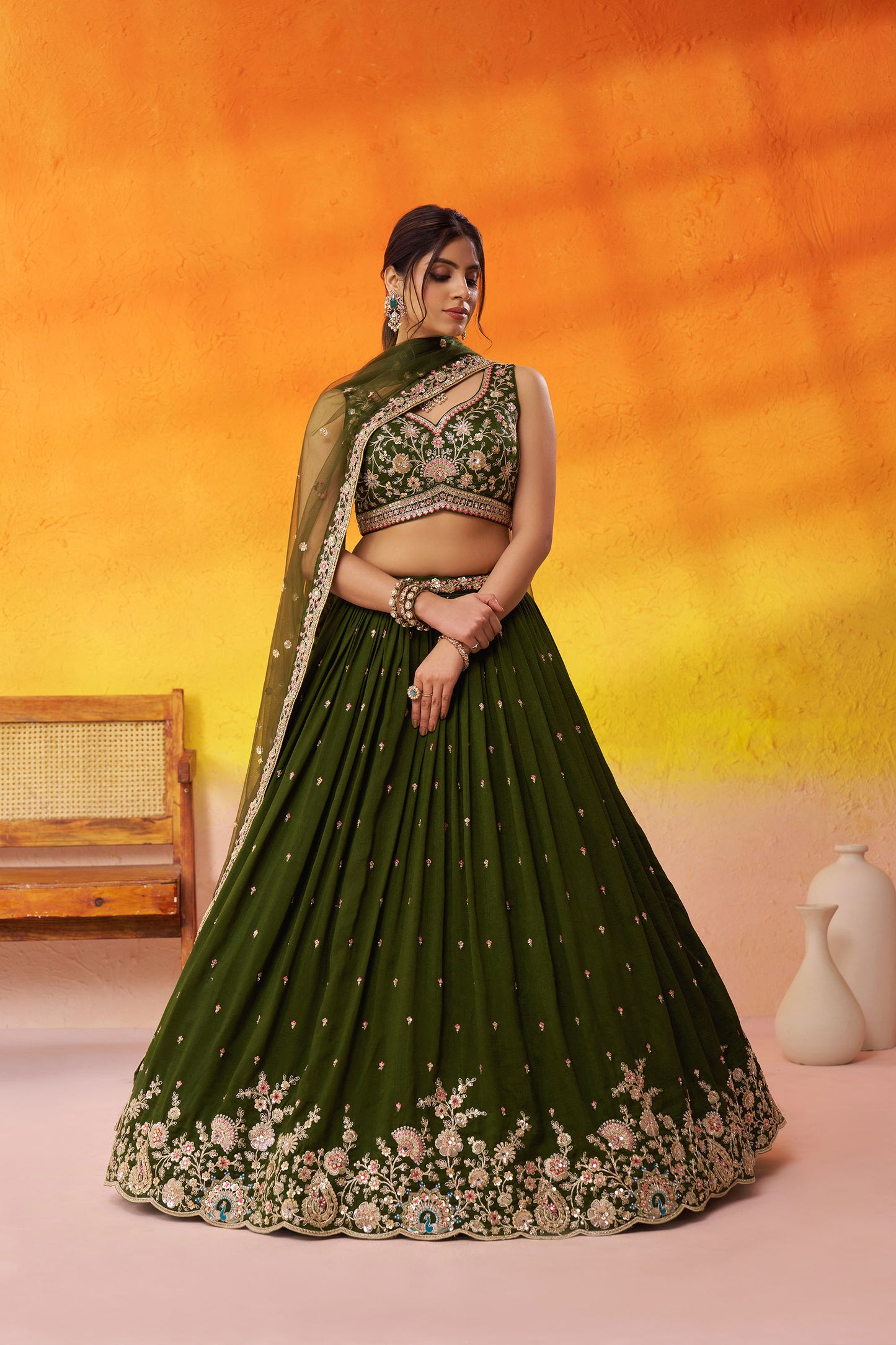 Olive Green Georgette Sequins,Thread & Embroidery Mehendi Lehenga