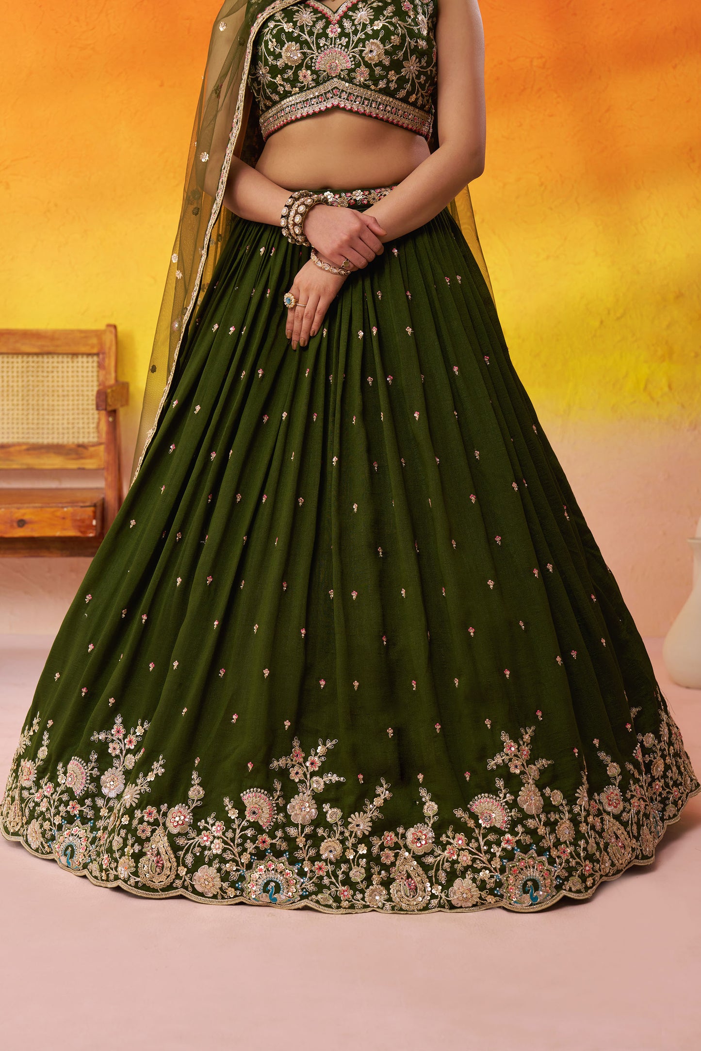 Olive Green Georgette Sequins,Thread & Embroidery Mehendi Lehenga