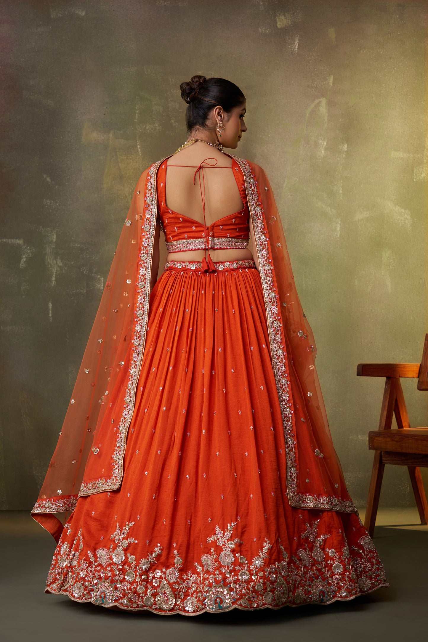 Orange Georgette Sequins, Thread & Embroidery Reception Lehenga