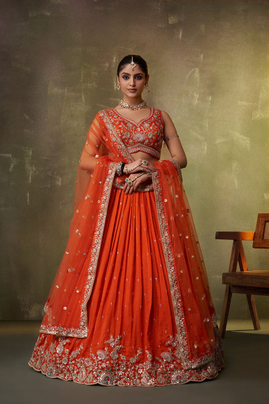 Orange Georgette Sequins, Thread & Embroidery Reception Lehenga