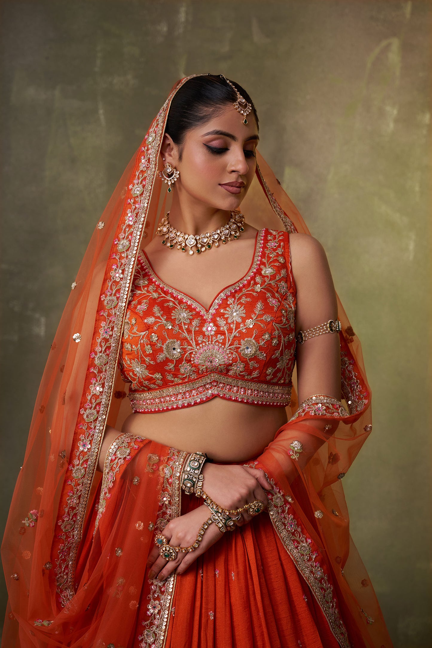 Orange Georgette Sequins, Thread & Embroidery Reception Lehenga