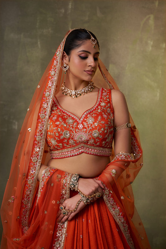 Orange Georgette Sequins, Thread & Embroidery Reception Lehenga