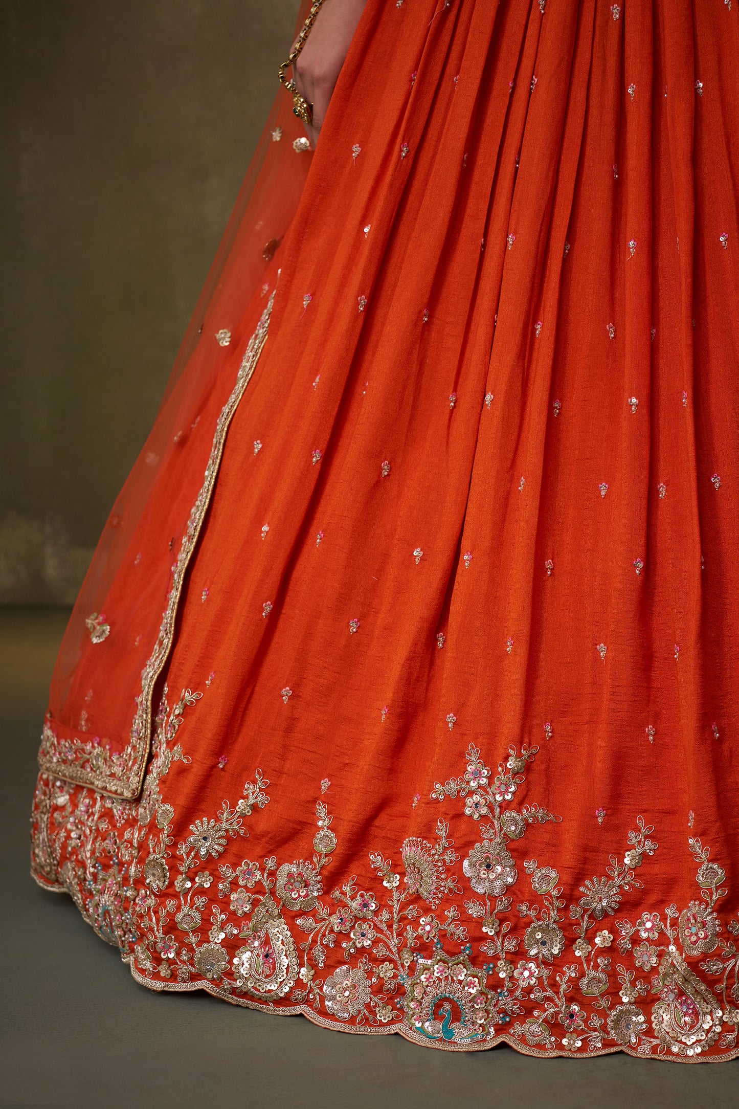 Orange Georgette Sequins, Thread & Embroidery Reception Lehenga