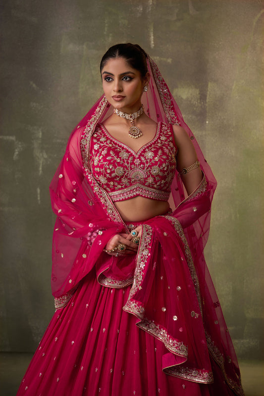 Red Georgette Sequins, Thread & Embroidery Bridesmaid Lehenga