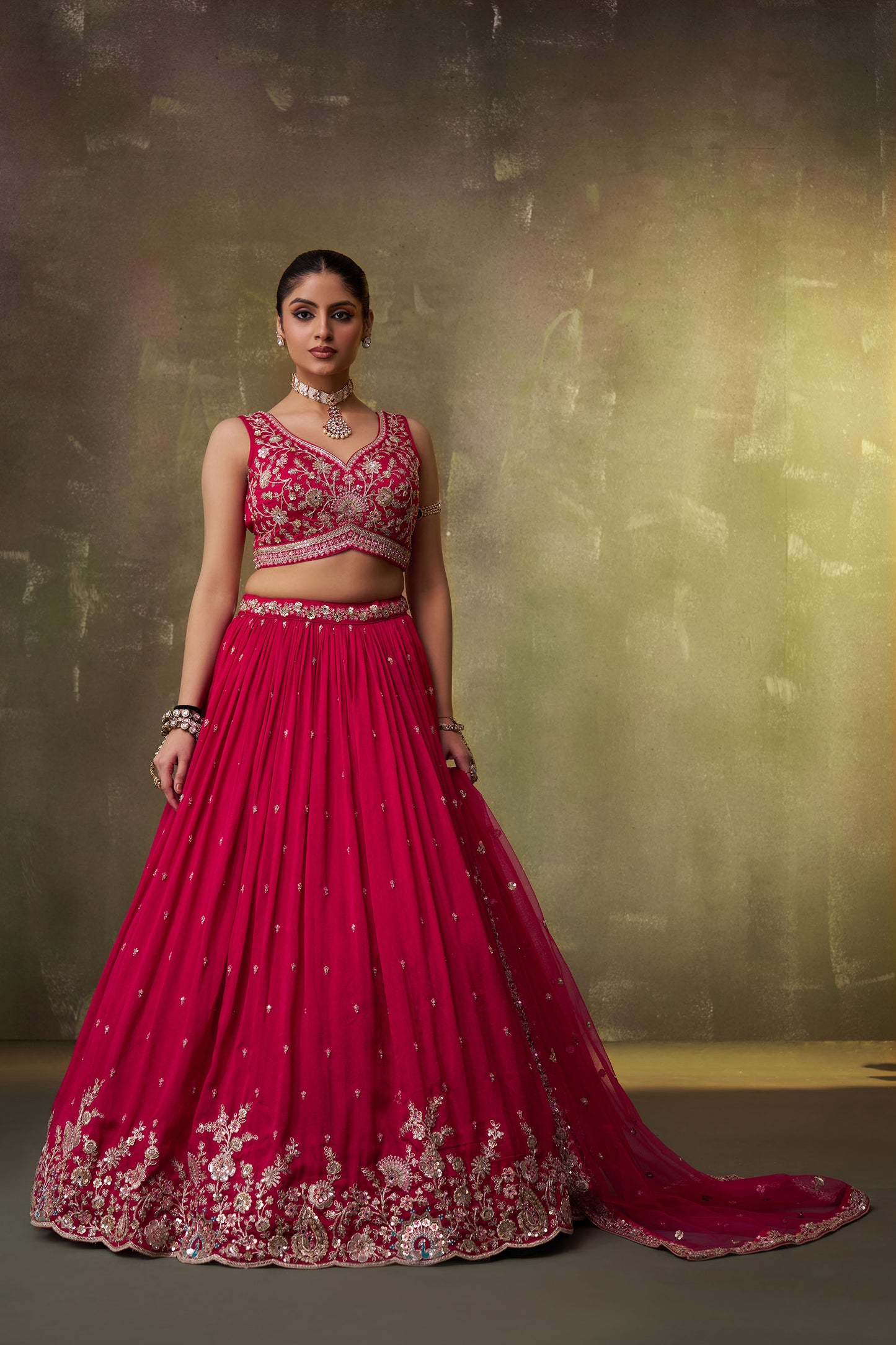 Red Georgette Sequins, Thread & Embroidery Bridesmaid Lehenga