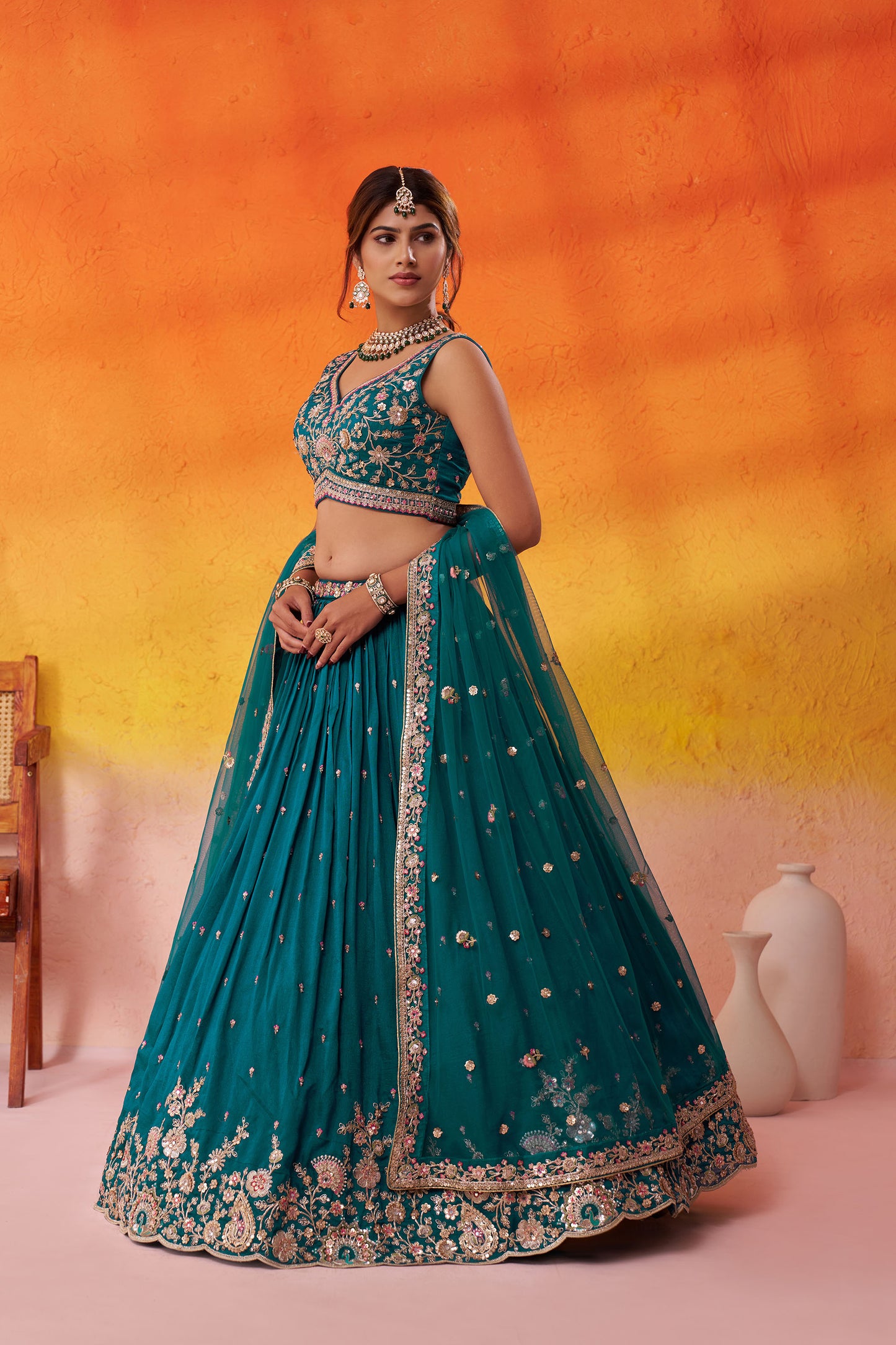 Teal Georgette Sequins Thread & Embroidery Engagement Lehenga