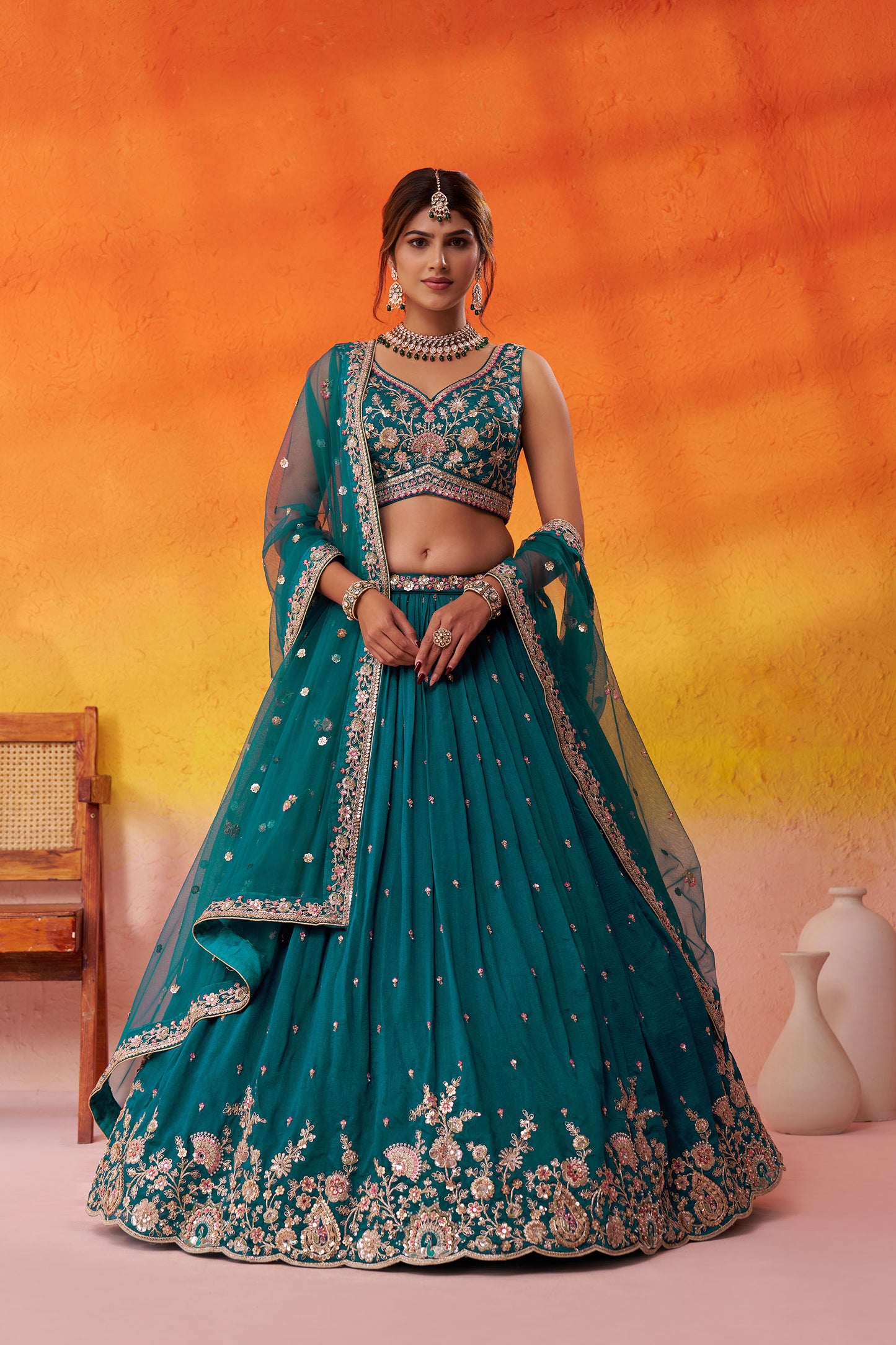Teal Georgette Sequins Thread & Embroidery Engagement Lehenga