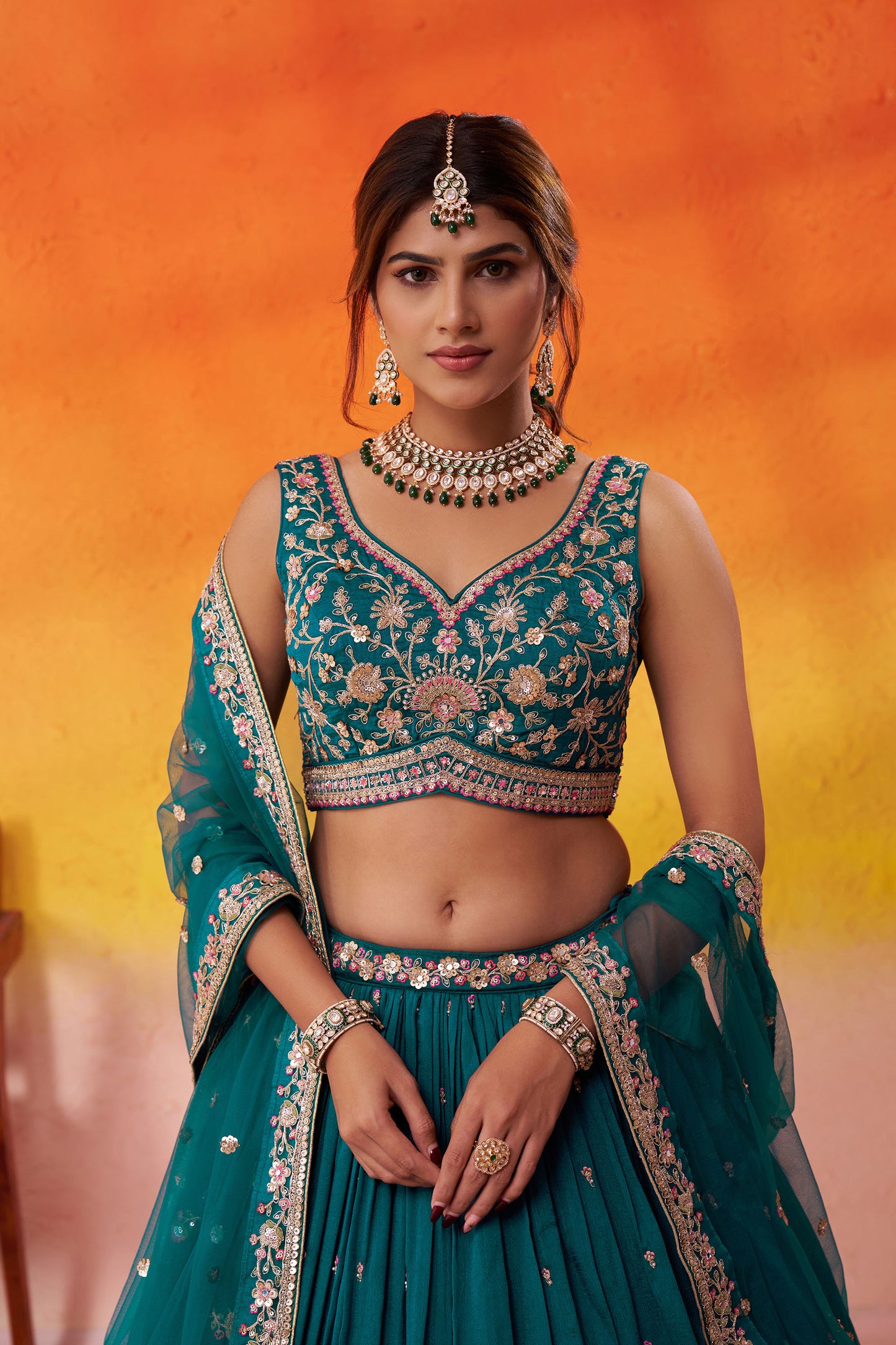 Teal Georgette Sequins Thread & Embroidery Engagement Lehenga
