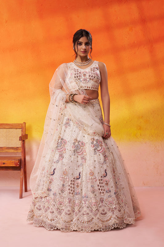 Cream Net Sequins & Thread Embroidery Lehenga for Wedding
