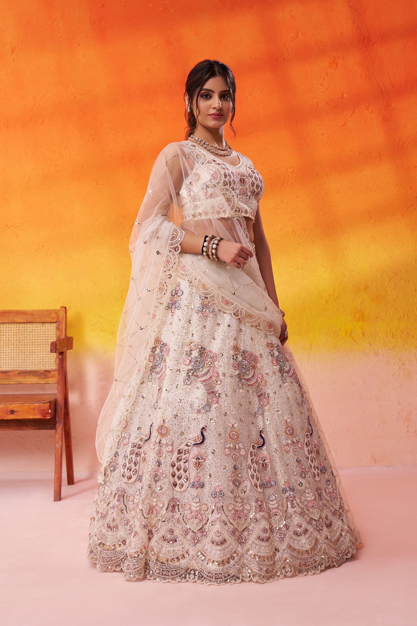 Cream Net Sequins & Thread Embroidery Lehenga for Wedding