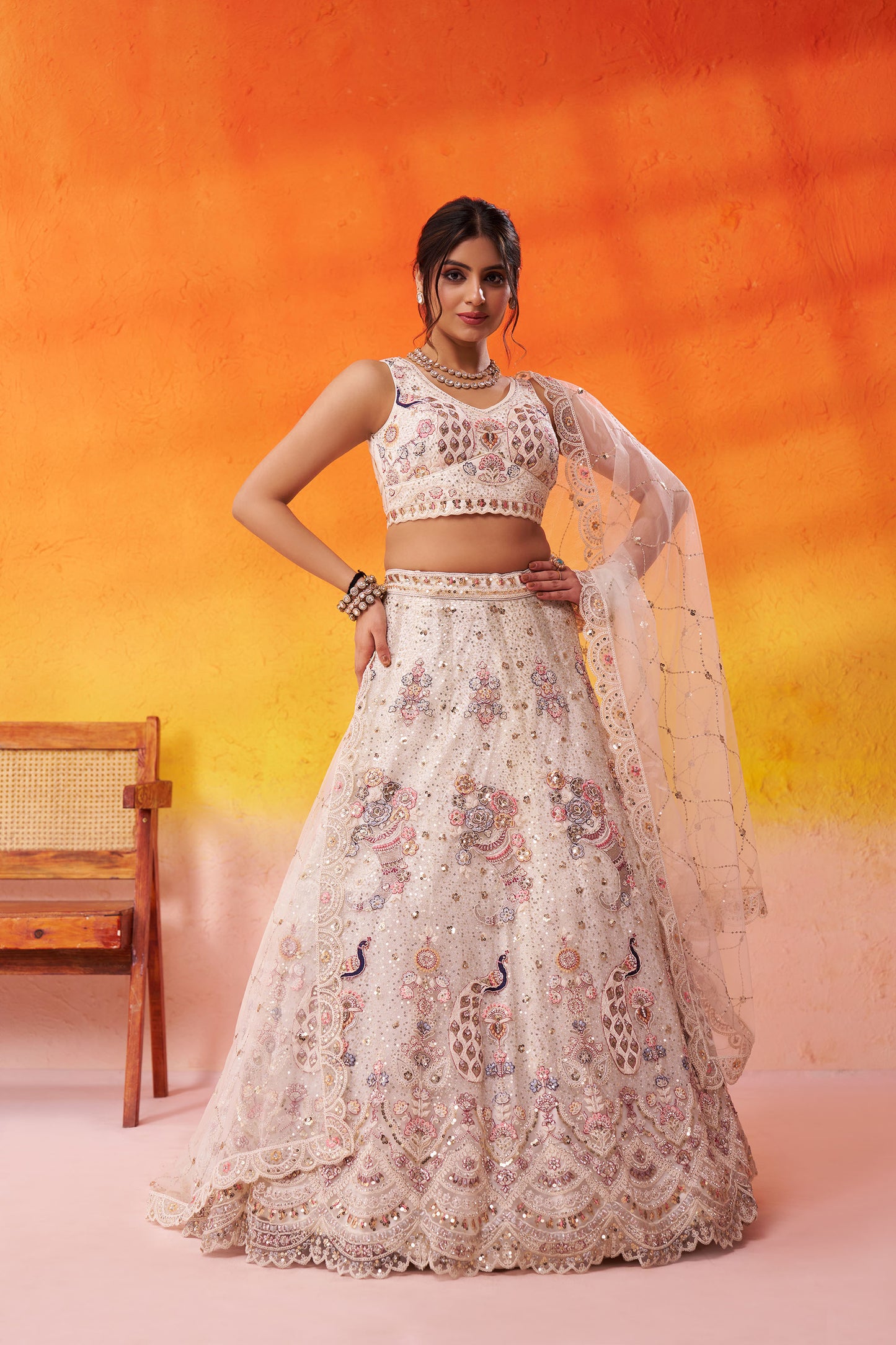 Cream Net Sequins & Thread Embroidery Lehenga for Wedding