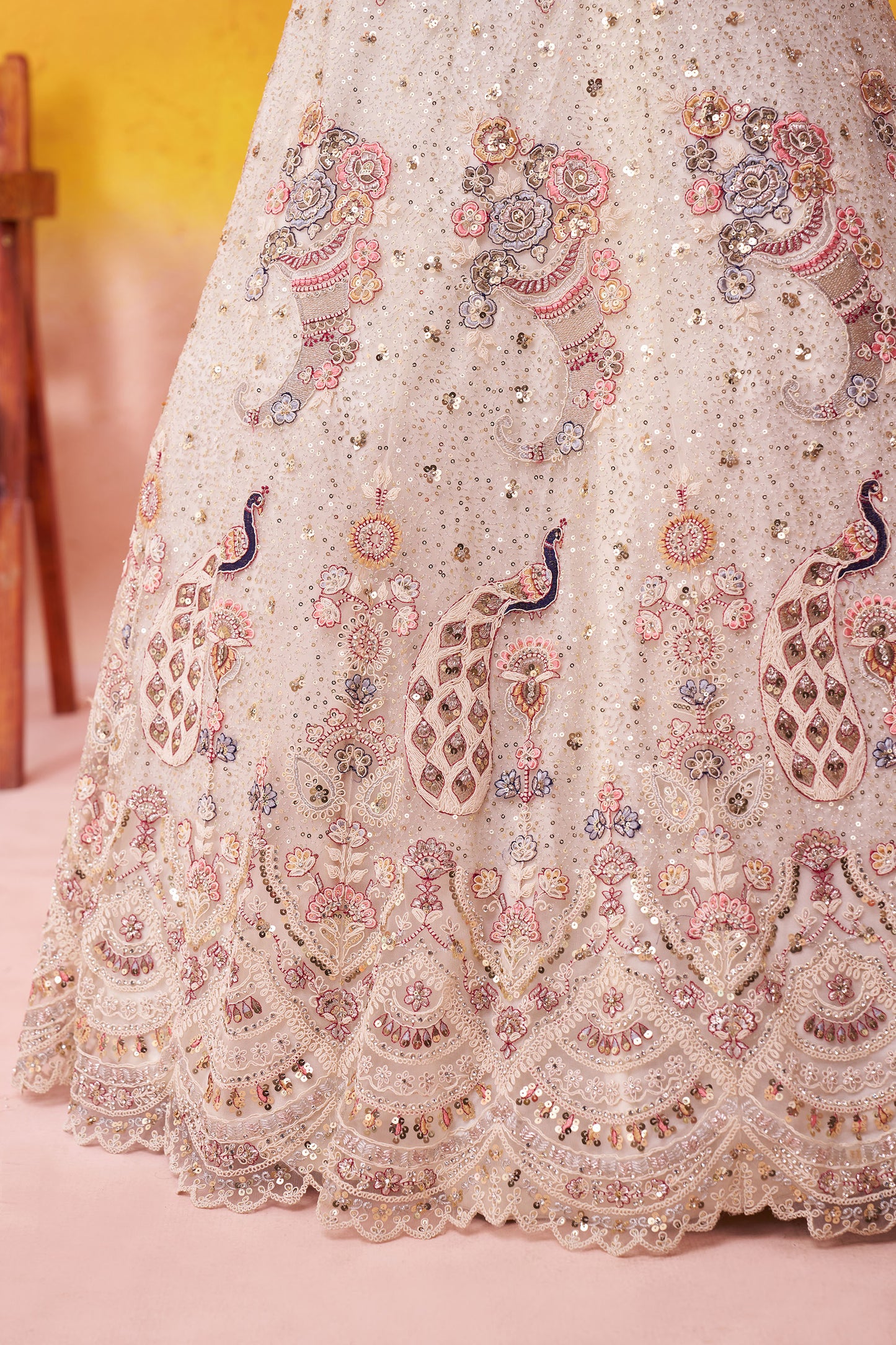Cream Net Sequins & Thread Embroidery Lehenga for Wedding