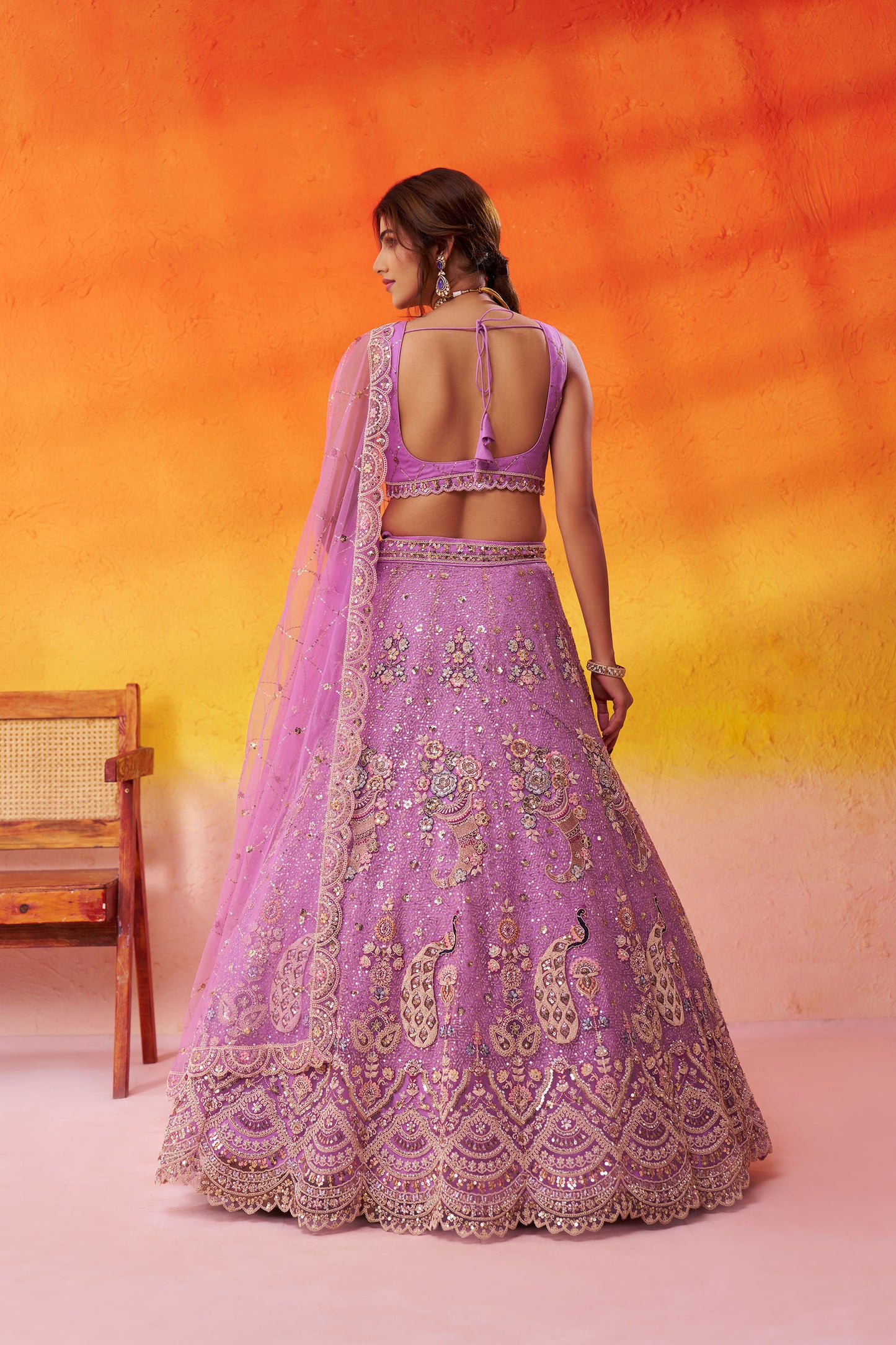 Mauve Net Sequins & Thread Embroidery Lehenga for Sangeet