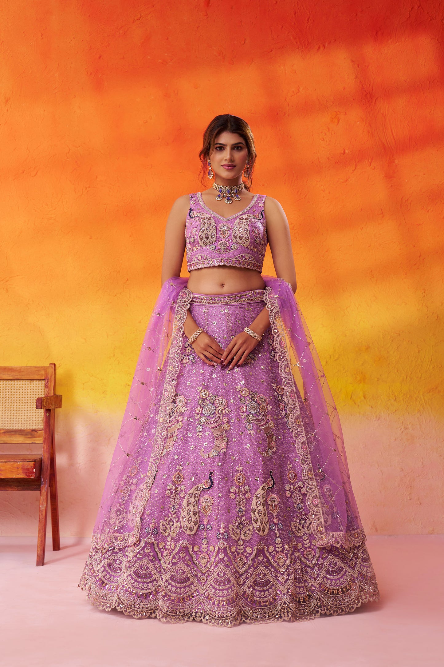 Mauve Net Sequins & Thread Embroidery Lehenga for Sangeet