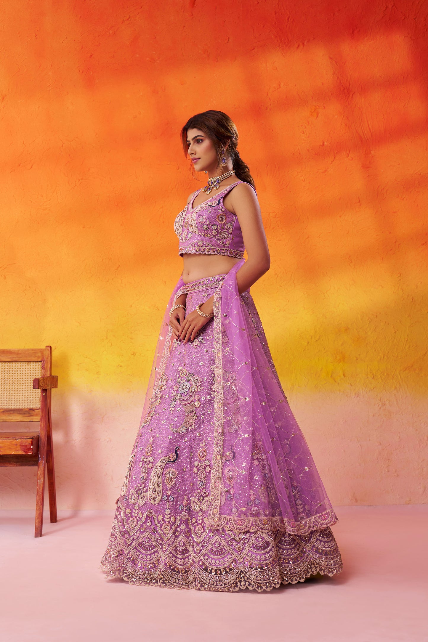 Mauve Net Sequins & Thread Embroidery Lehenga for Sangeet
