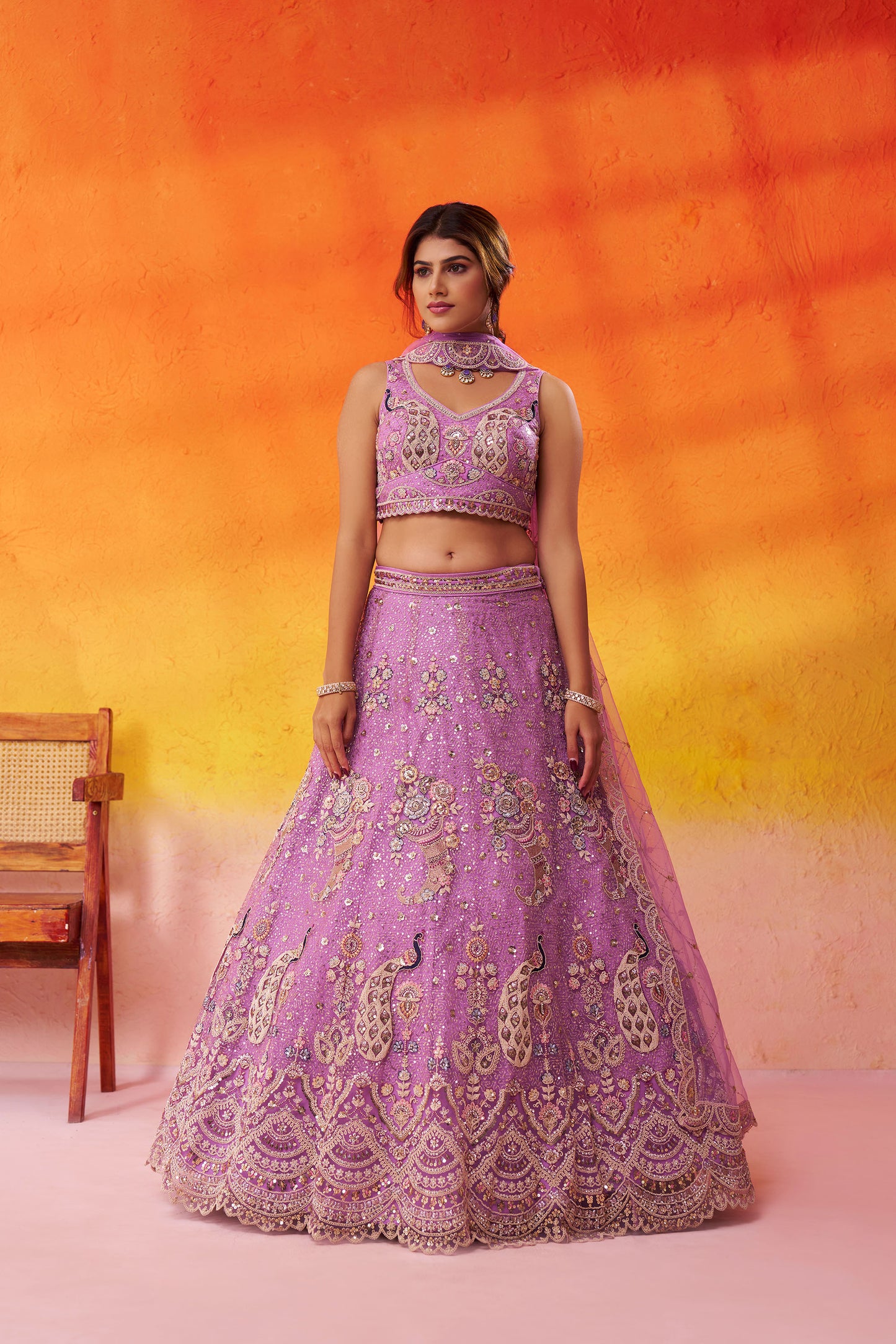 Mauve Net Sequins & Thread Embroidery Lehenga for Sangeet
