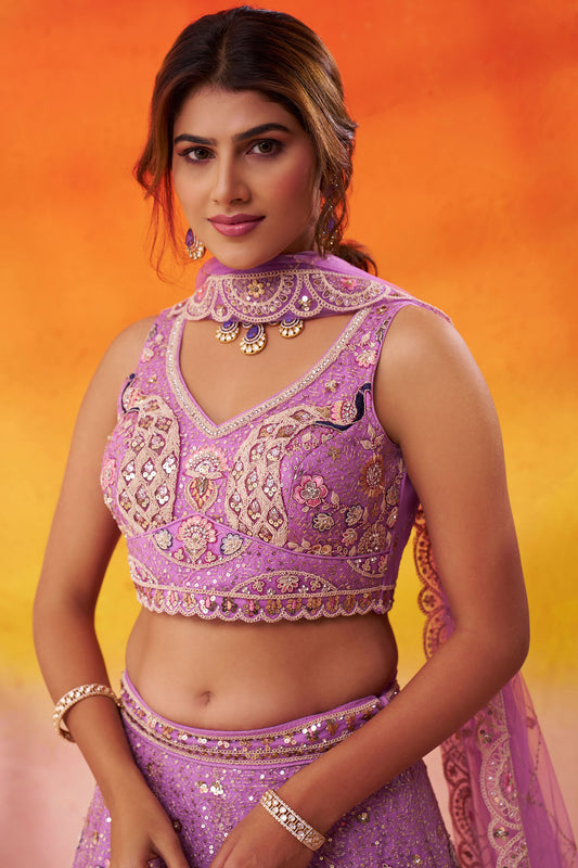 Mauve Net Sequins & Thread Embroidery Lehenga for Sangeet