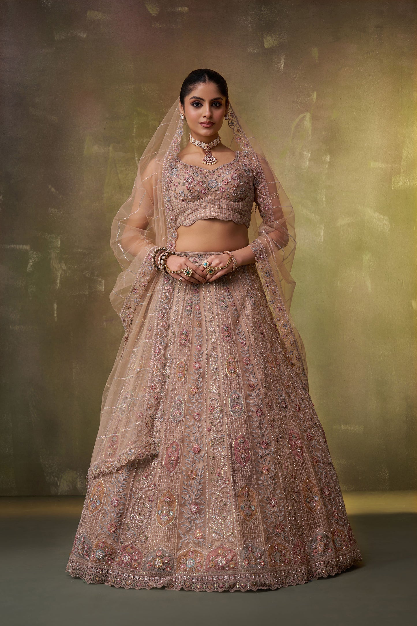 Beige Net Sequins & Thread Embroidery Bridal Lehenga