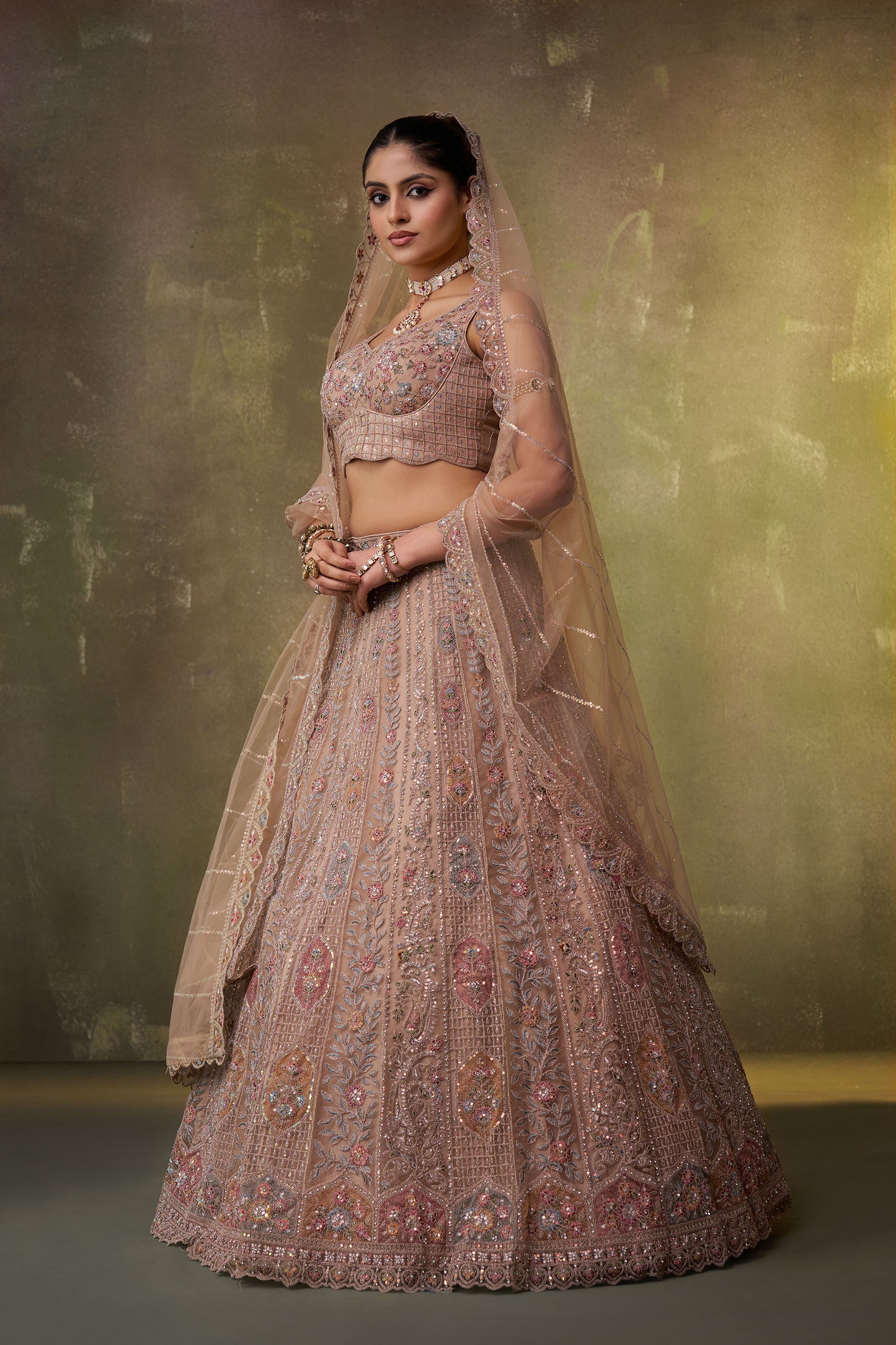 Beige Net Sequins & Thread Embroidery Bridal Lehenga