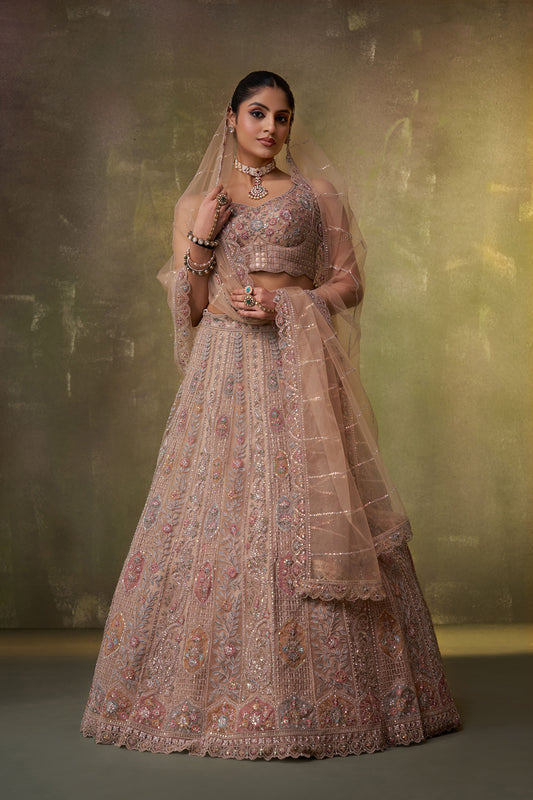 Beige Net Sequins & Thread Embroidery Bridal Lehenga