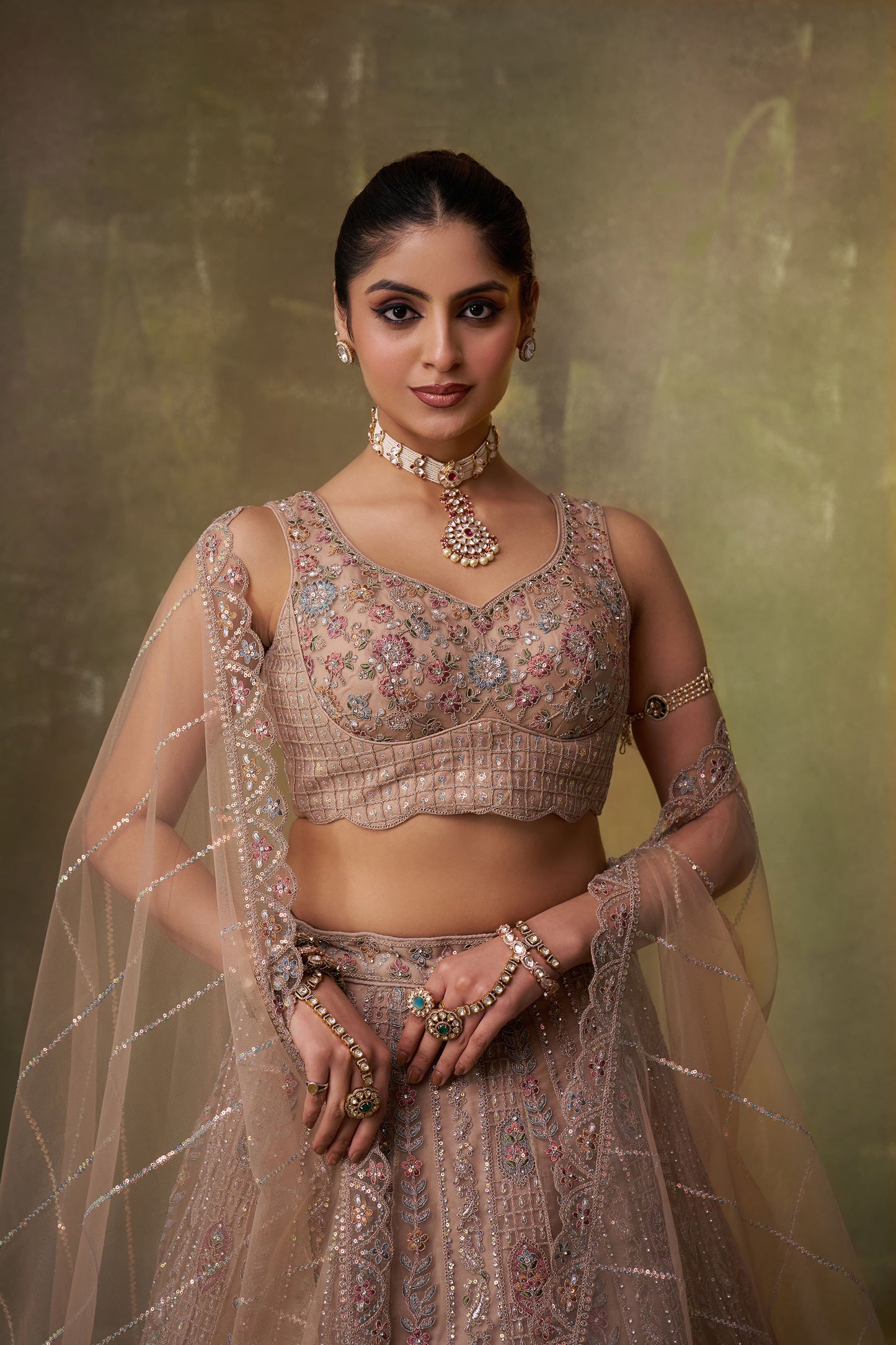 Beige Net Sequins & Thread Embroidery Bridal Lehenga
