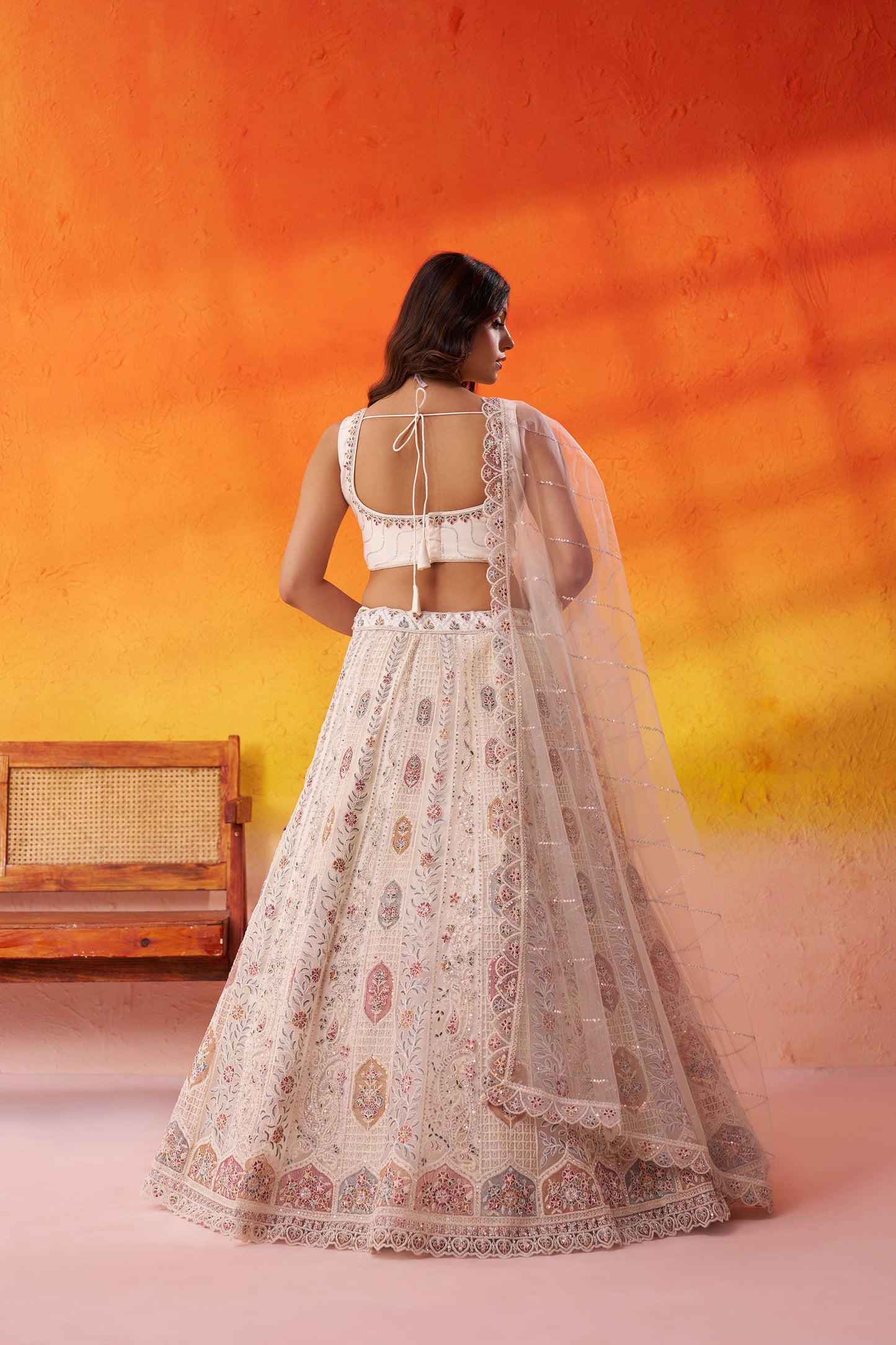 Cream Net Sequins & Thread Embroidery Lehenga for Wedding