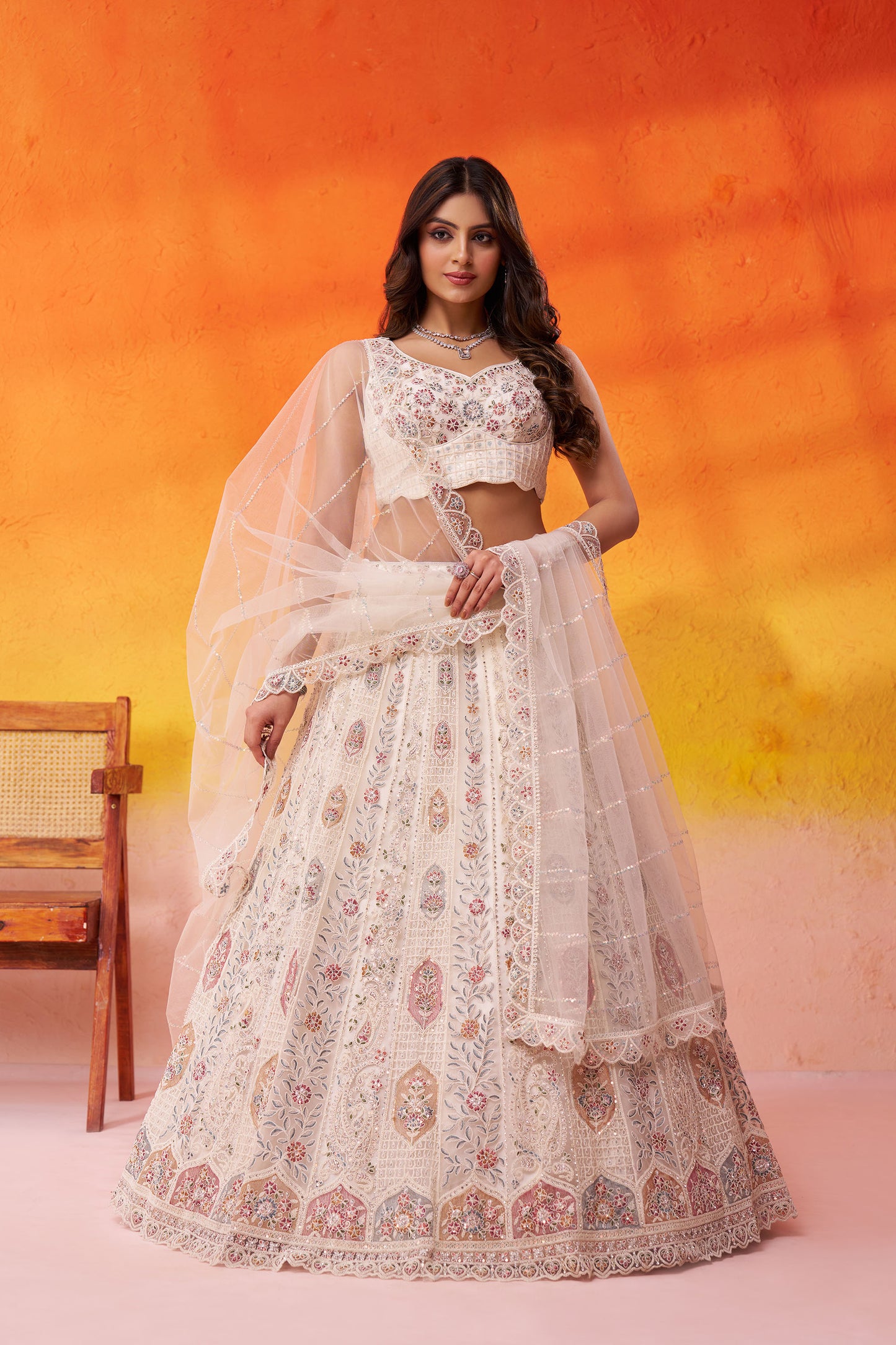 Cream Net Sequins & Thread Embroidery Lehenga for Wedding
