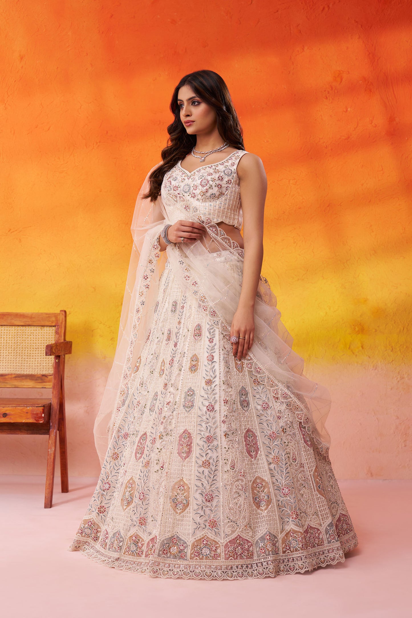 Cream Net Sequins & Thread Embroidery Lehenga for Wedding