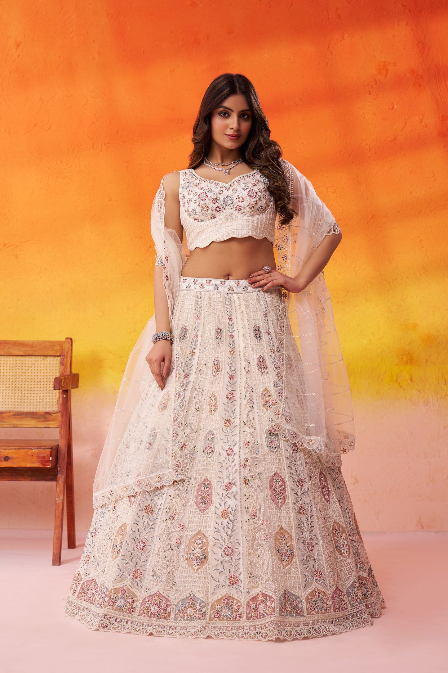 Cream Net Sequins & Thread Embroidery Lehenga for Wedding
