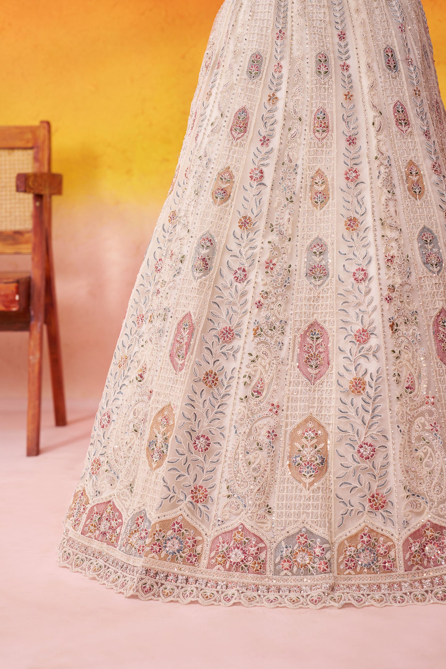 Cream Net Sequins & Thread Embroidery Lehenga for Wedding
