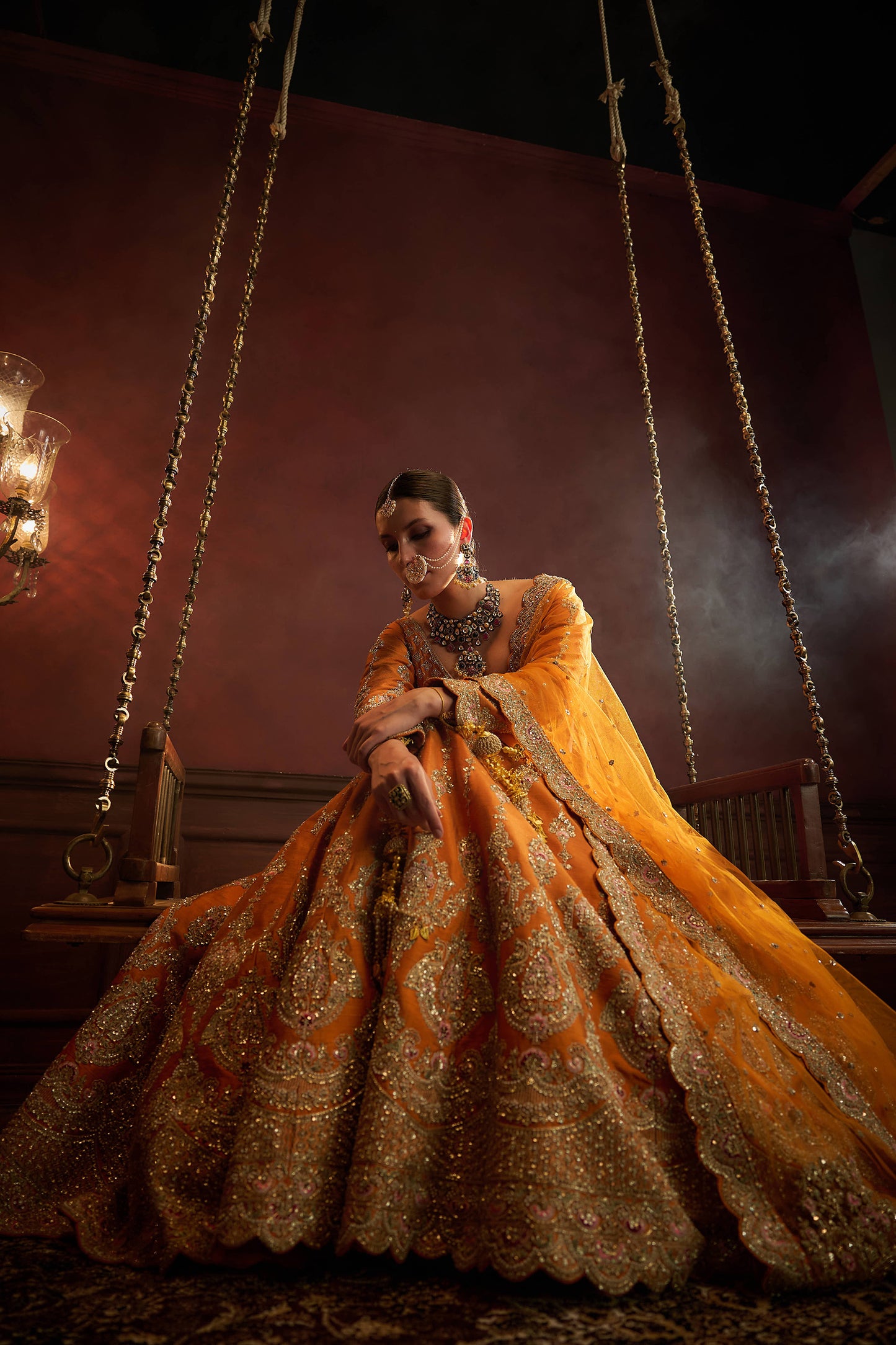 Rust Raw Silk Hand & Machine Embroidered Lehenga Set