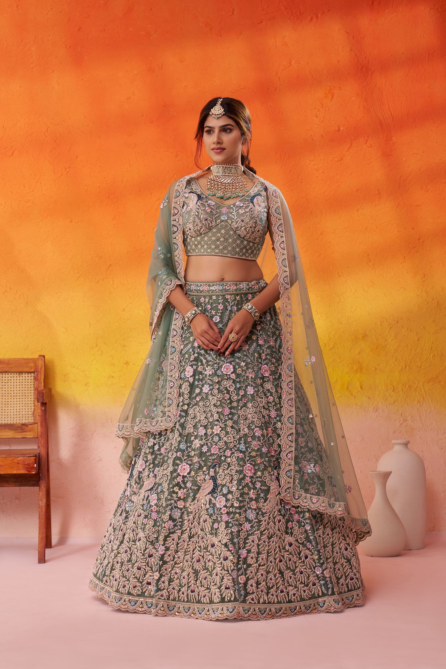 Lime Green Net Sequins & Thread Embroidery Bridal Lehenga for Mehendi