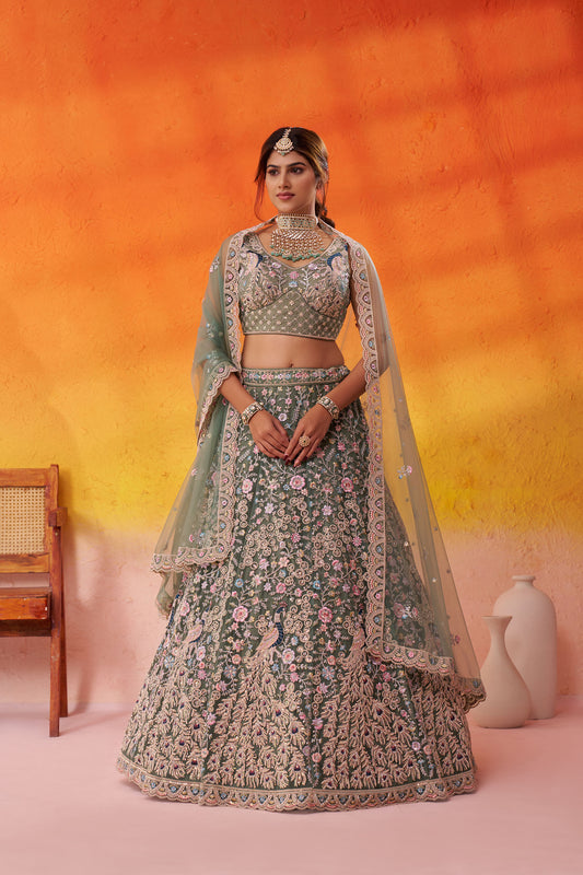 Lime Green Net Sequins & Thread Embroidery Bridal Lehenga for Mehendi