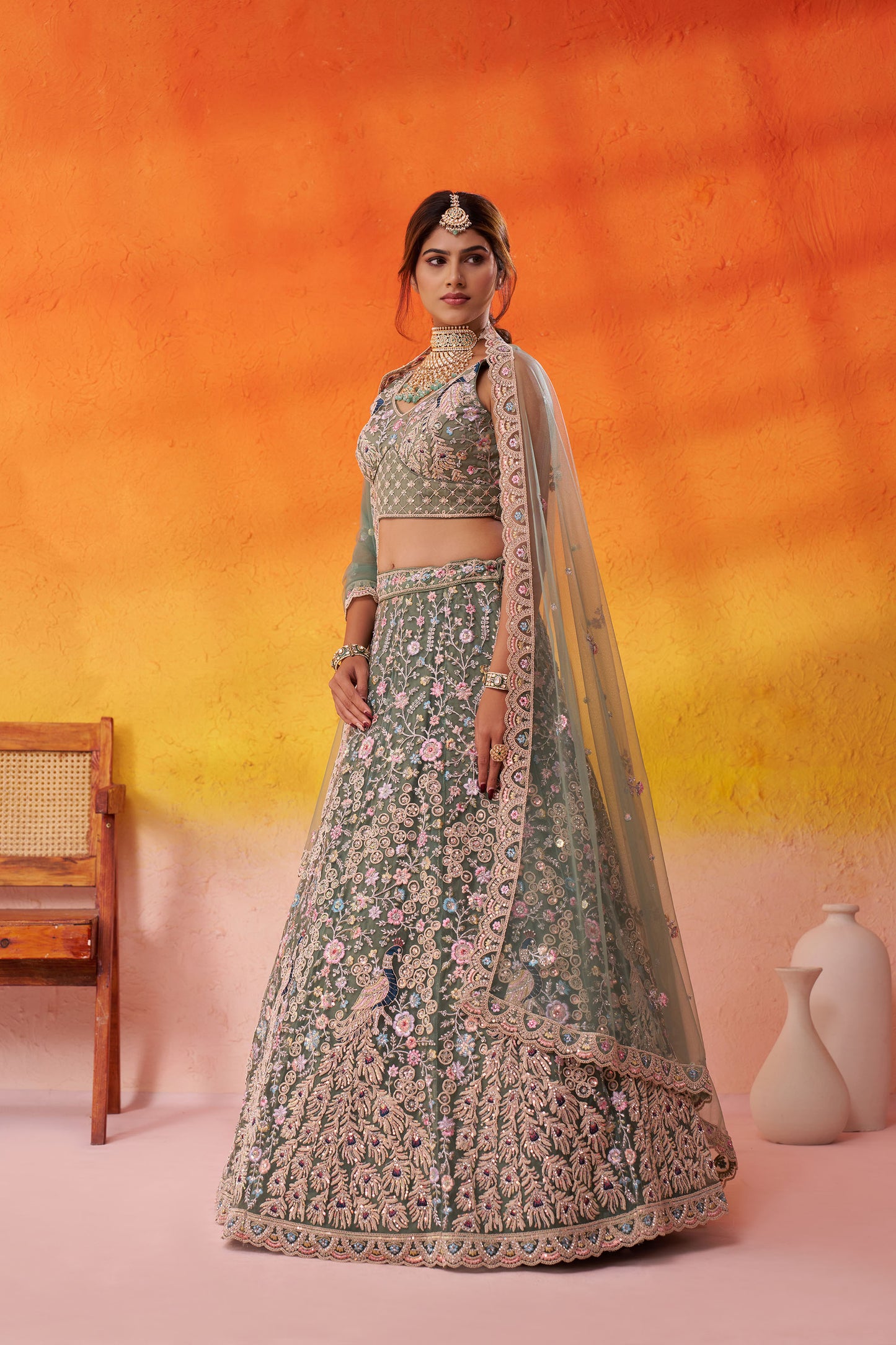 Lime Green Net Sequins & Thread Embroidery Bridal Lehenga for Mehendi