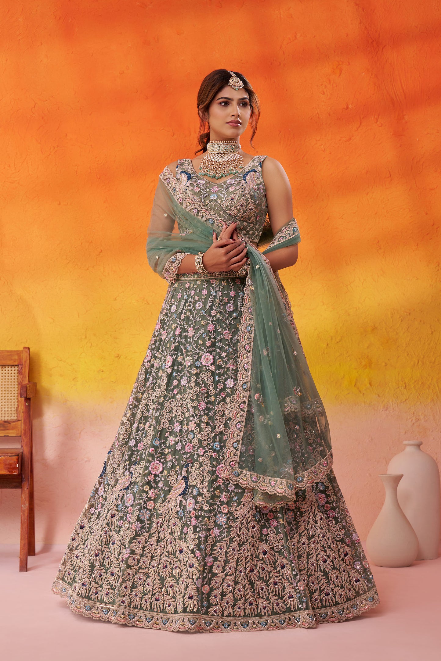 Lime Green Net Sequins & Thread Embroidery Bridal Lehenga for Mehendi