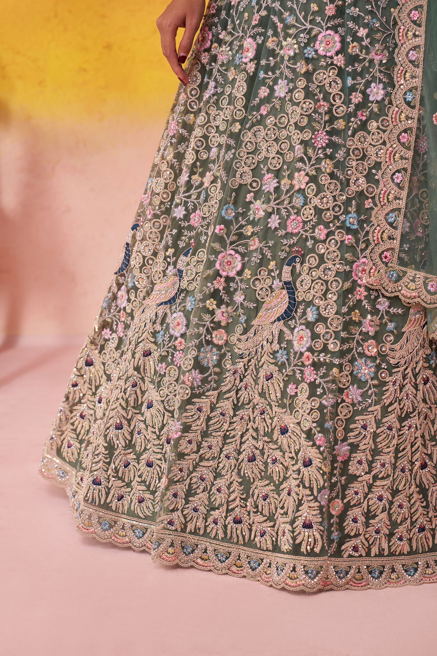 Lime Green Net Sequins & Thread Embroidery Bridal Lehenga for Mehendi