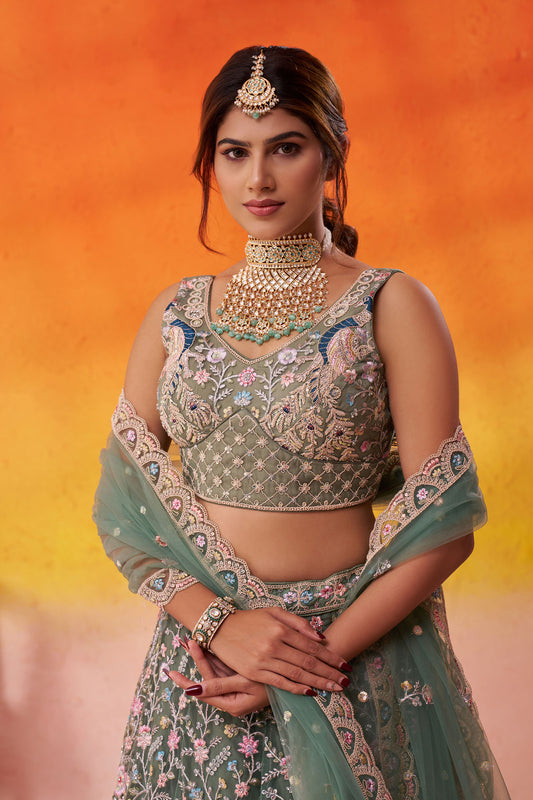 Lime Green Net Sequins & Thread Embroidery Bridal Lehenga for Mehendi