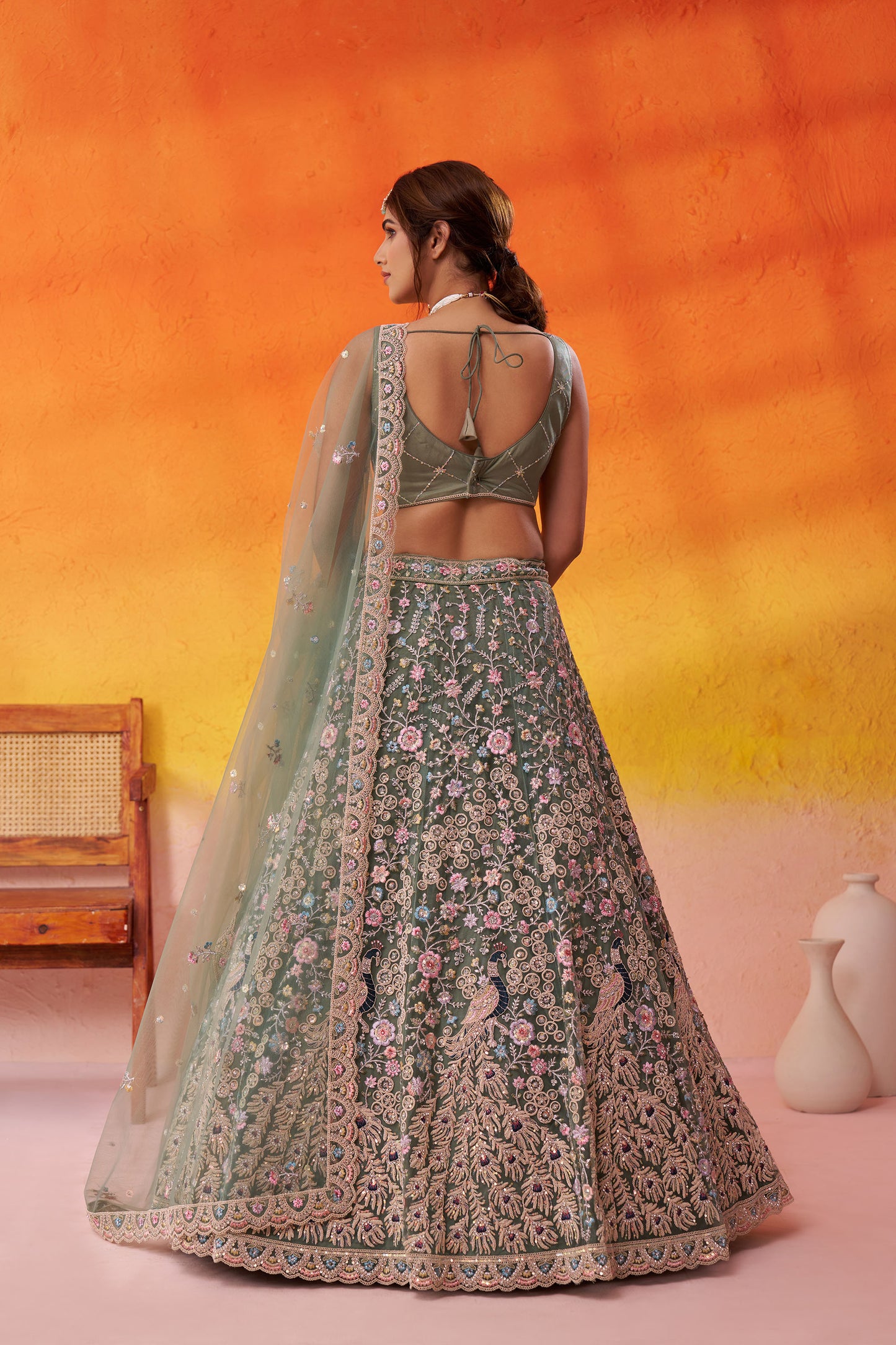 Lime Green Net Sequins & Thread Embroidery Bridal Lehenga for Mehendi
