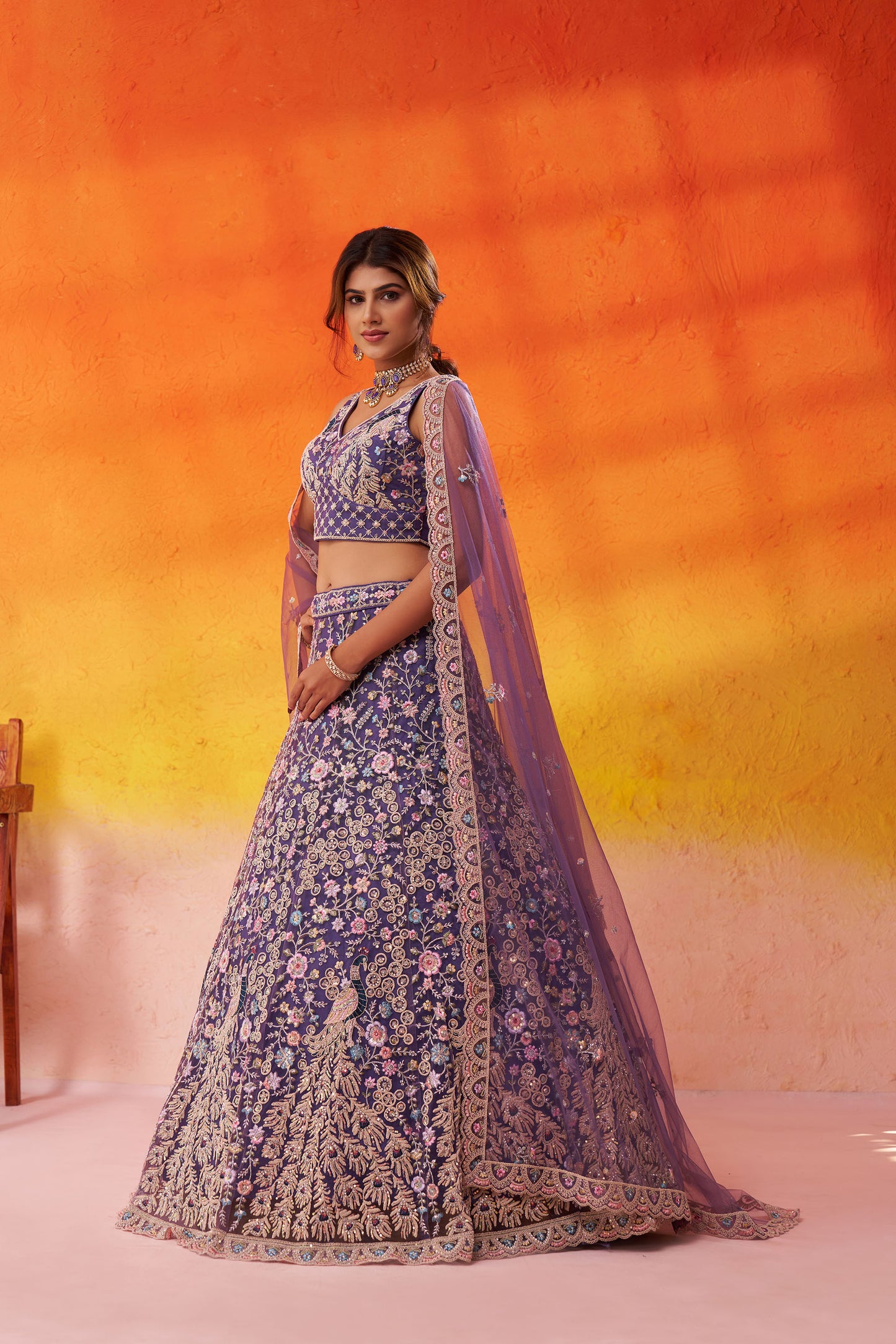 Purple Net Sequins & Thread Embroidery Bridal Lehenga