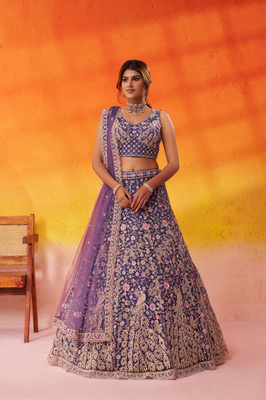 Purple Net Sequins & Thread Embroidery Bridal Lehenga