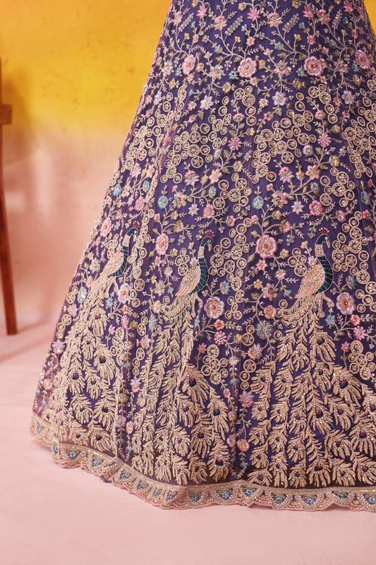Purple Net Sequins & Thread Embroidery Bridal Lehenga