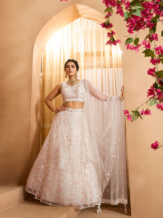 Cream Net Sequins Embroidery Bridesmaid Lehenga for Sangeet