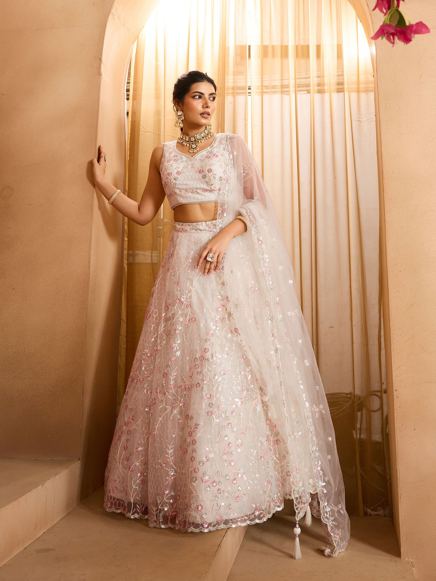 Cream Net Sequins Embroidery Bridesmaid Lehenga for Sangeet