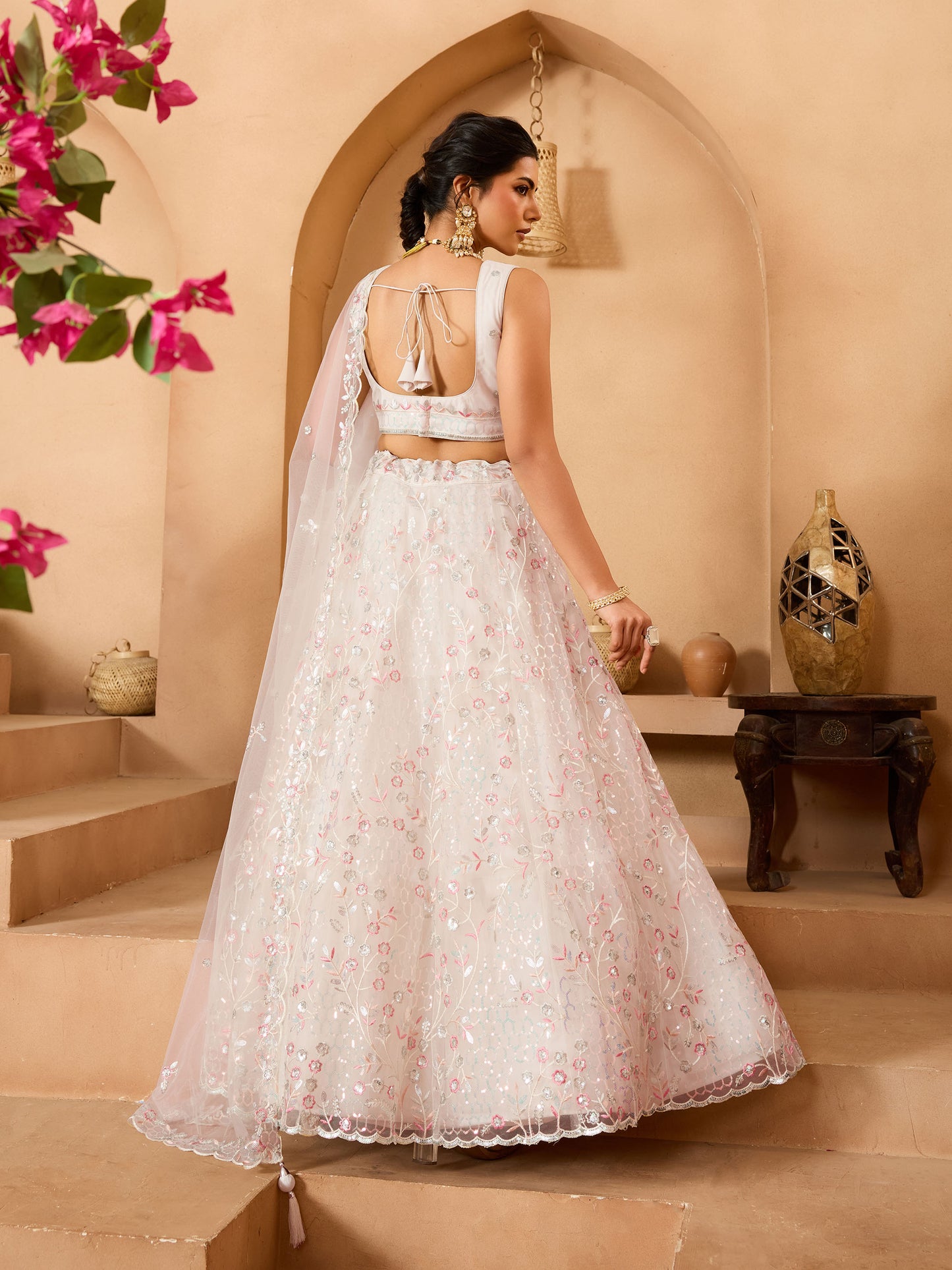 Cream Net Sequins Embroidery Bridesmaid Lehenga for Sangeet
