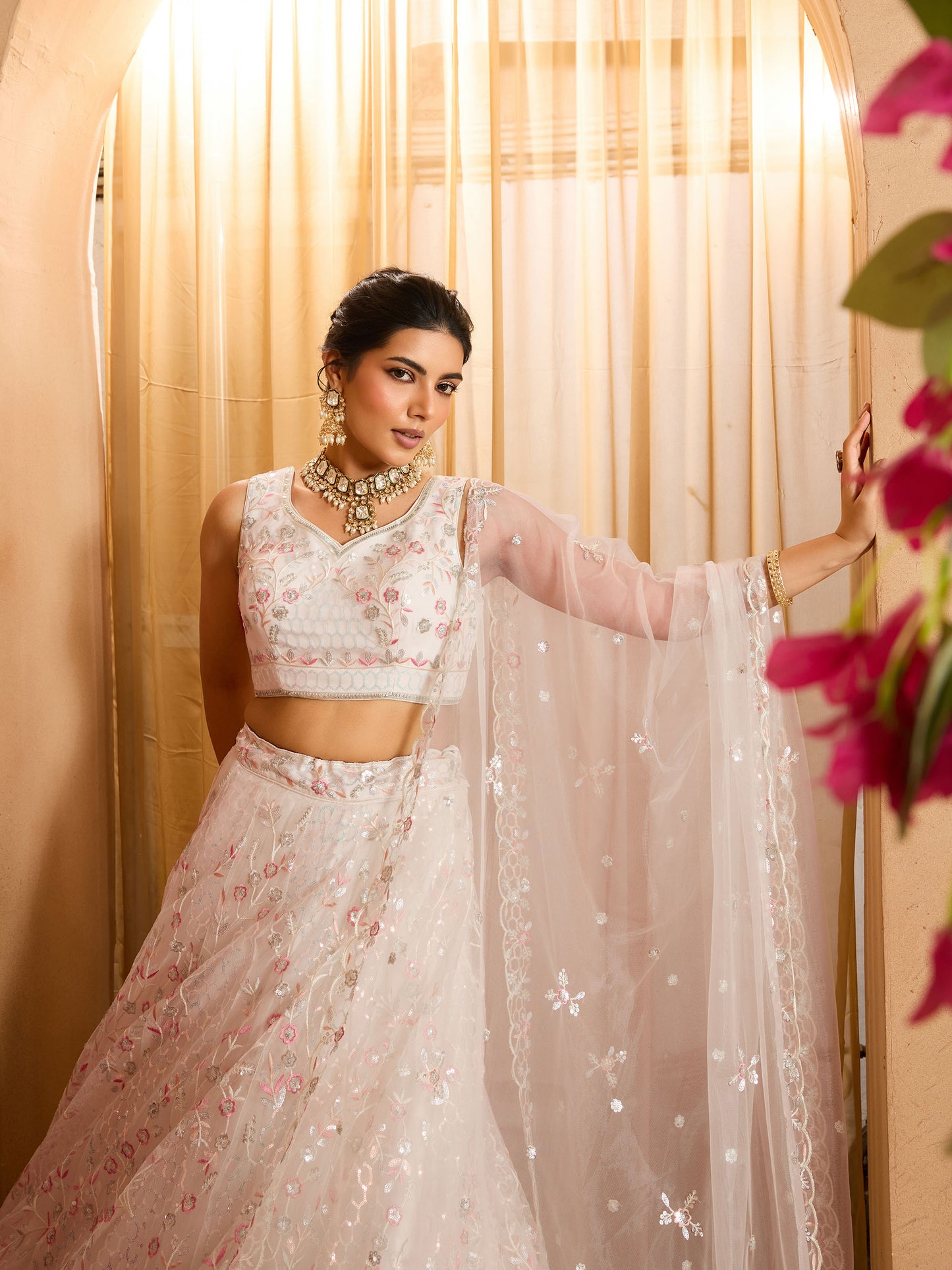 Cream Net Sequins Embroidery Bridesmaid Lehenga for Sangeet
