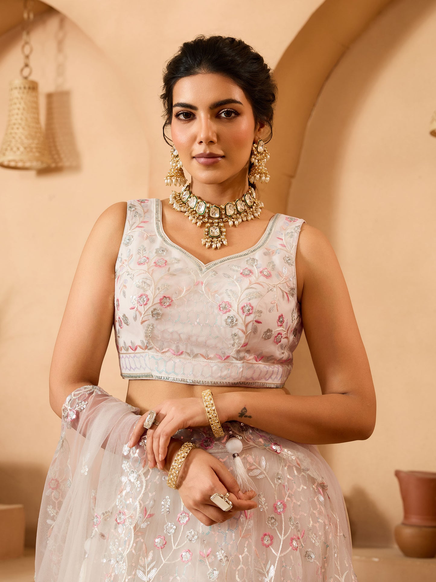Cream Net Sequins Embroidery Bridesmaid Lehenga for Sangeet