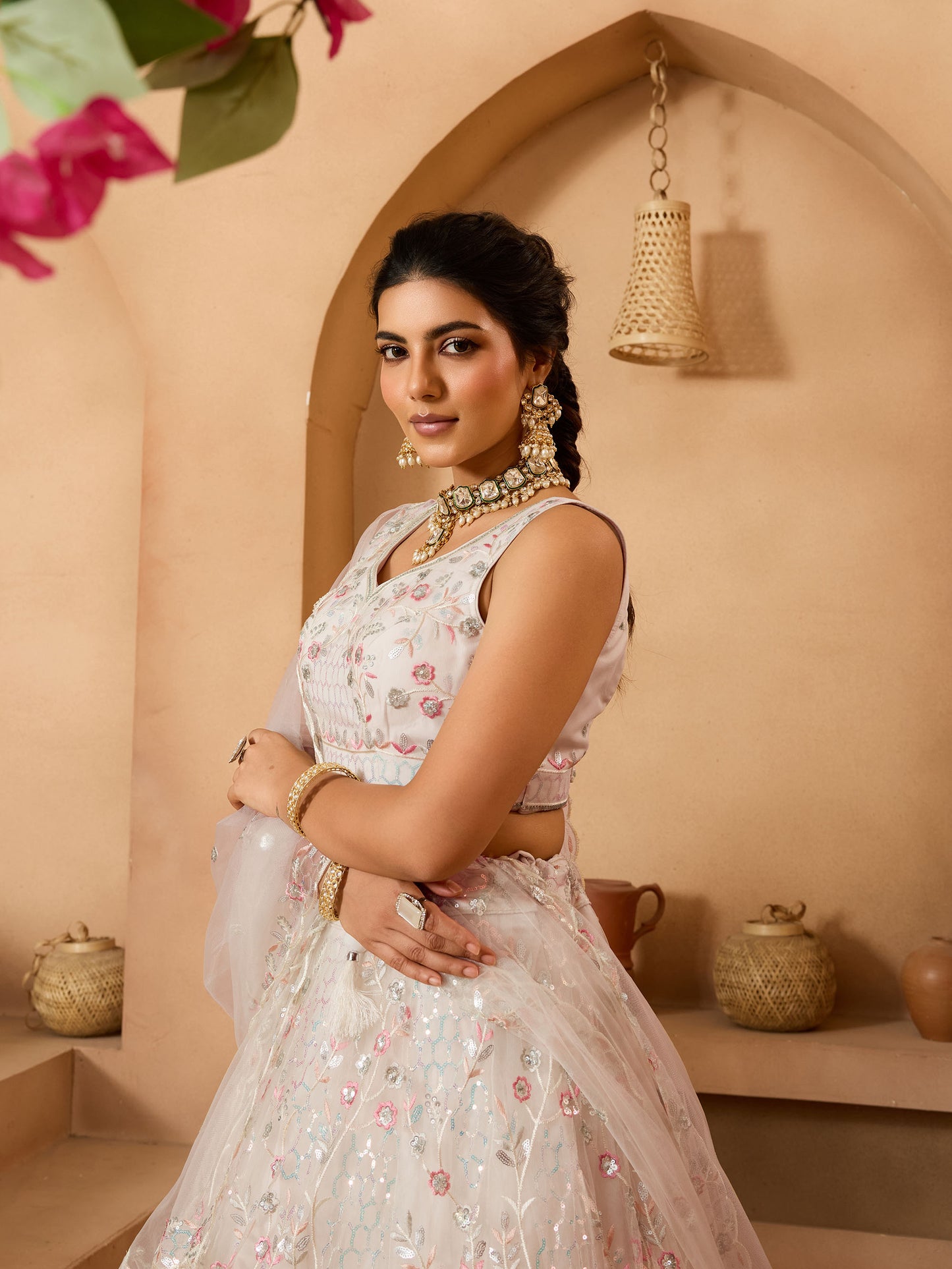 Cream Net Sequins Embroidery Bridesmaid Lehenga for Sangeet