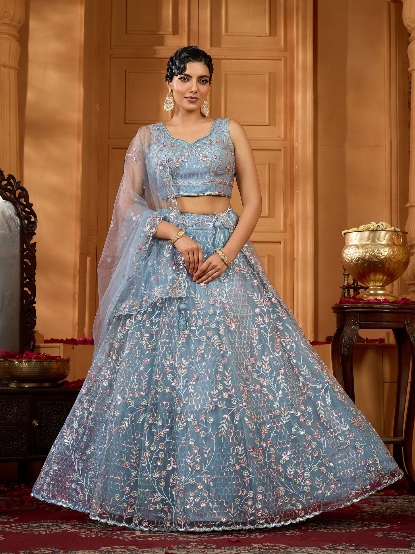 Grey Net Sequins Embroidery Bridesmaid Lehenga for Sangeet