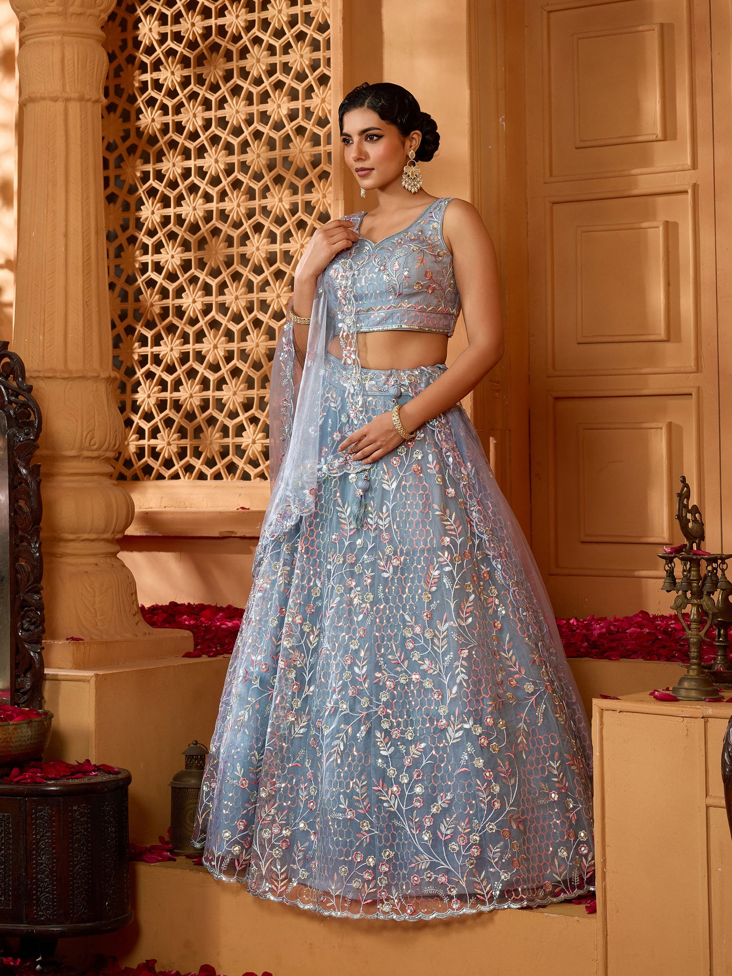 Grey Net Sequins Embroidery Bridesmaid Lehenga for Sangeet
